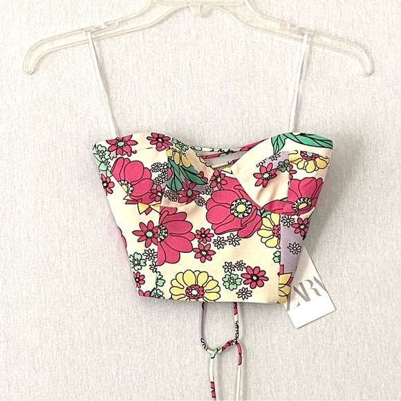 Zara Floral Lace Up Corset Crop Top and Mini Skirt 2 Pieces Matching Set - Picture 5 of 16